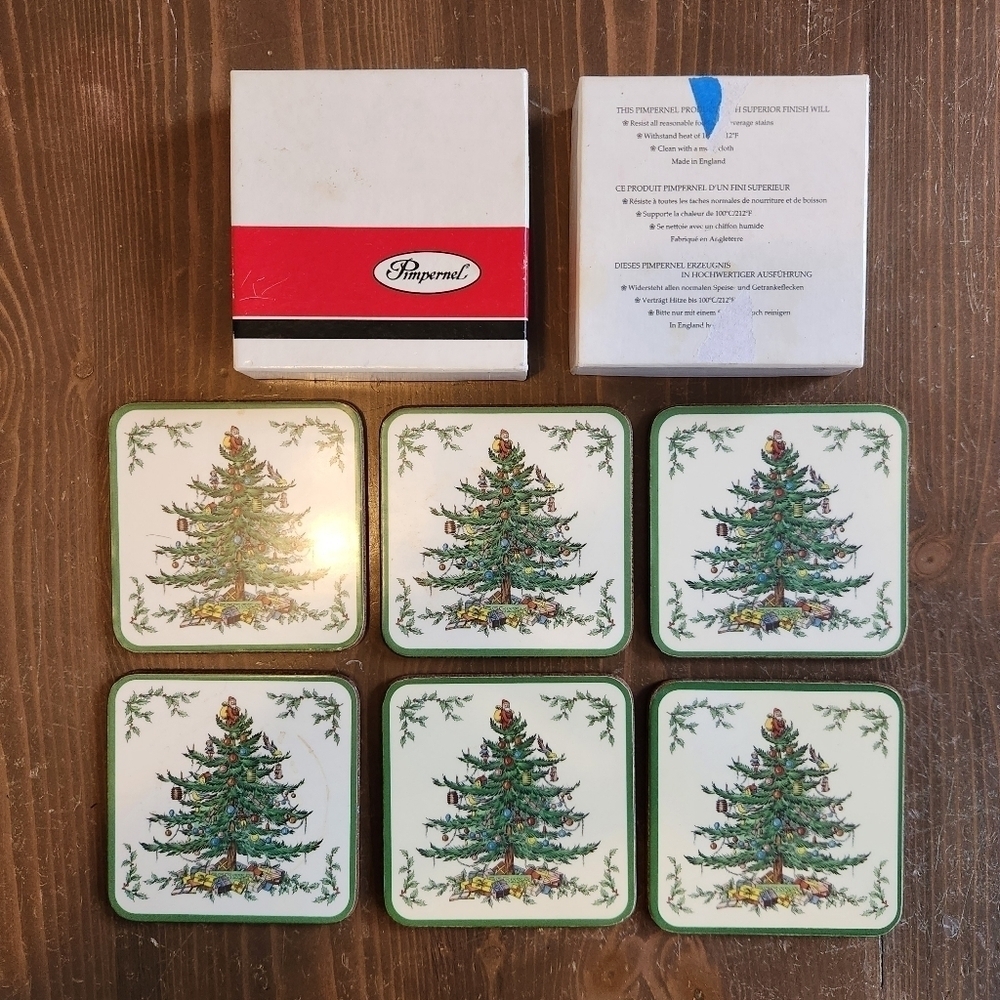 Vtg Pimpernel White Christmas Tree Coaster Set of 6 Cork Back England With Box
